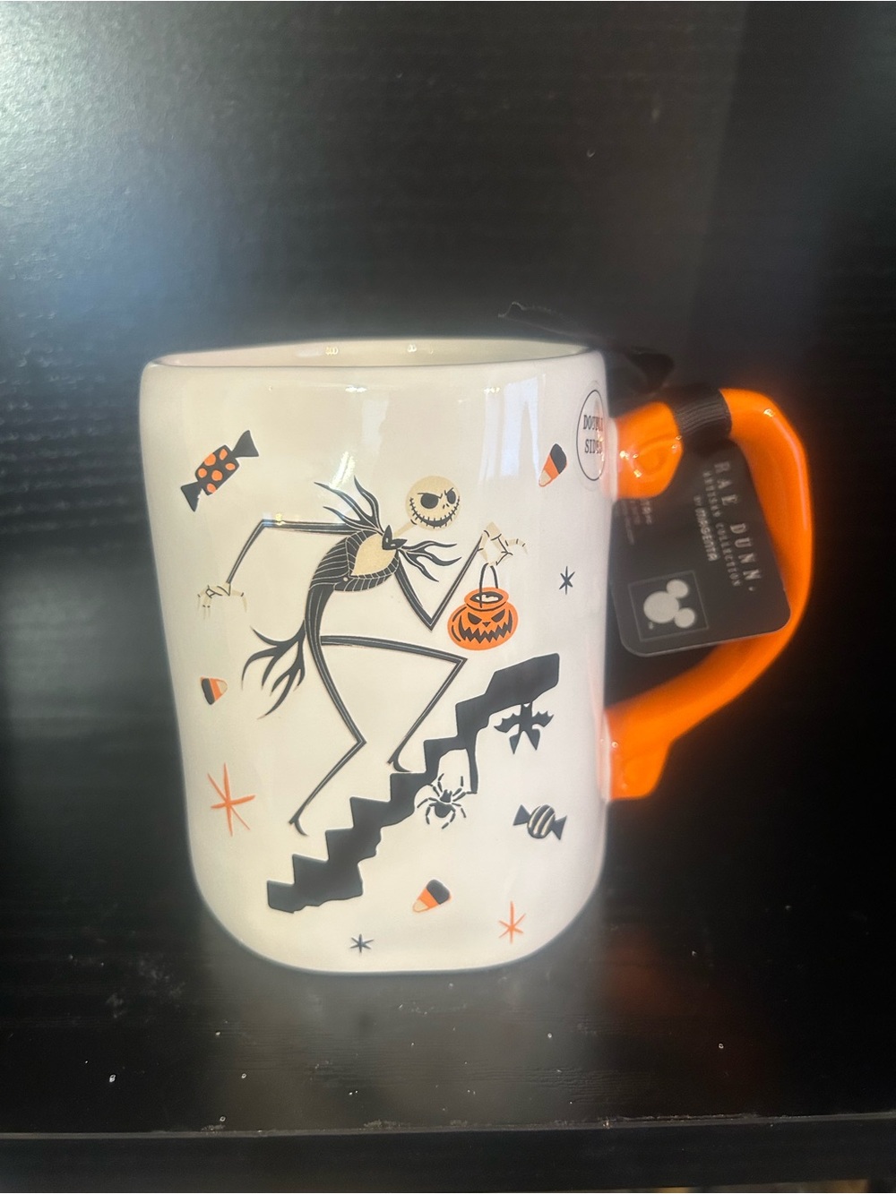 Rae Dunn White Ceramic Halloween Mug with Orange Handle
